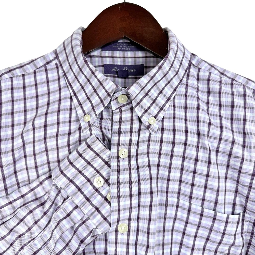 Alan Flusser Button Down Shirt Mens Large Purple Plaid Cotton Preppy Academia